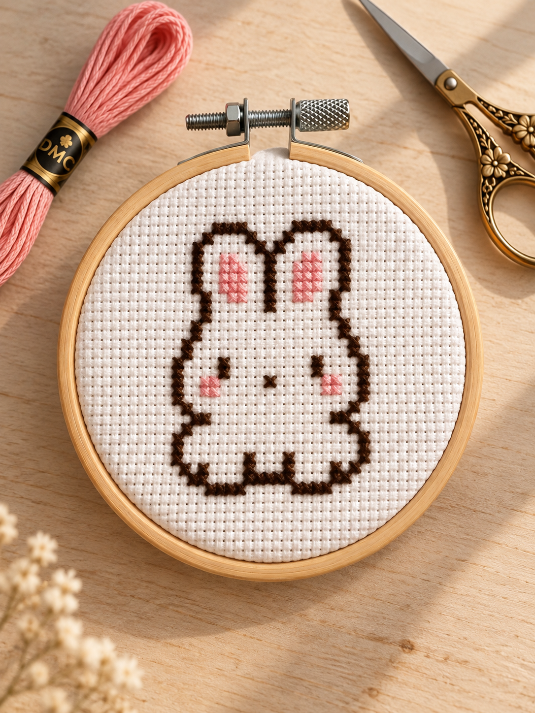 Benny the Bunny cross-stitched on white fabric in a wooden hoop