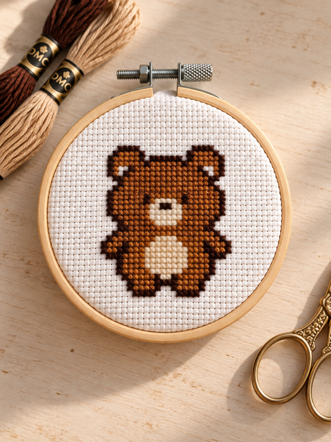 Bertie the Bear cross-stitched on white fabric in a wooden hoop