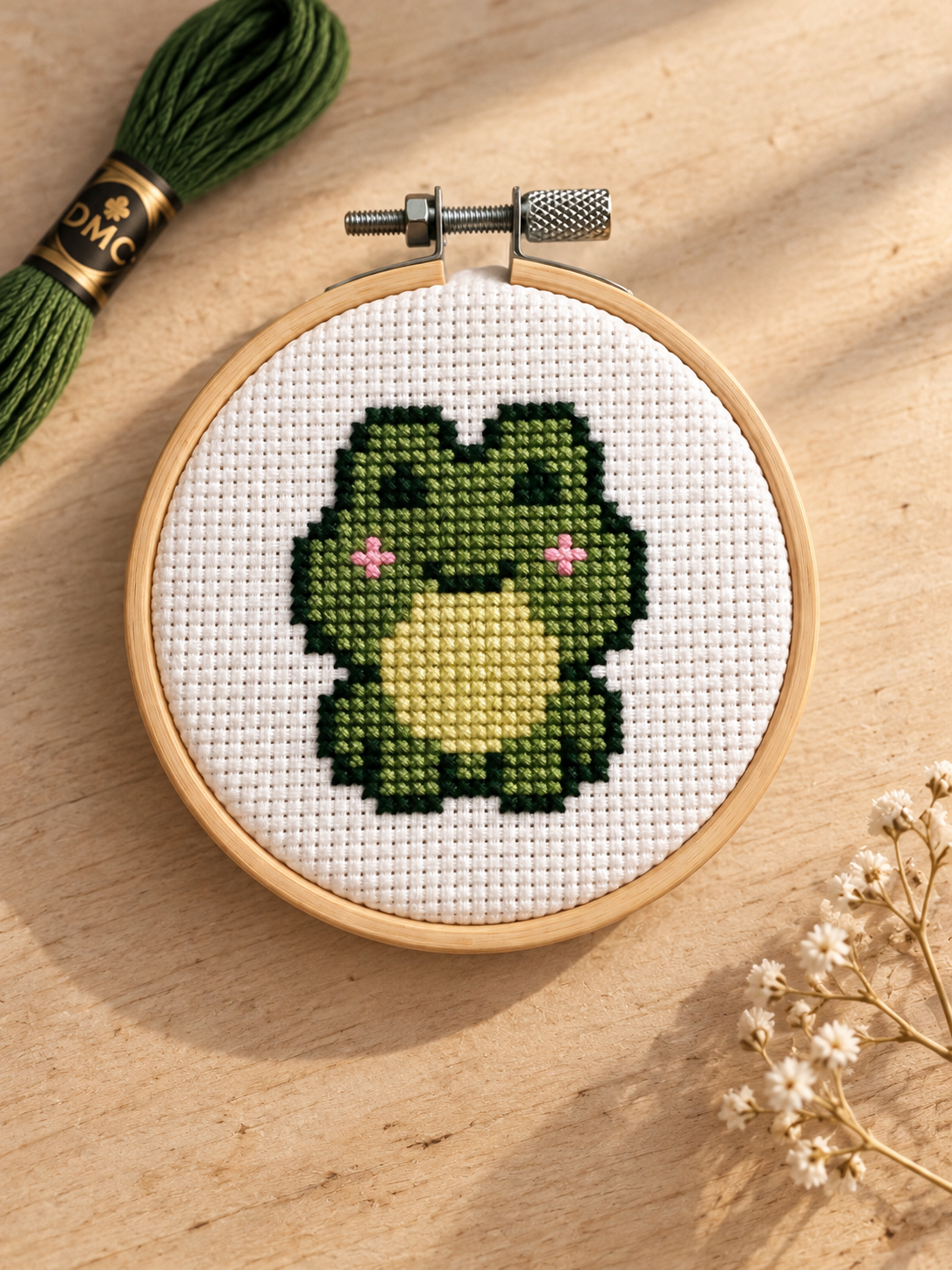 Fern the Frog cross-stitched on white fabric in a wooden hoop