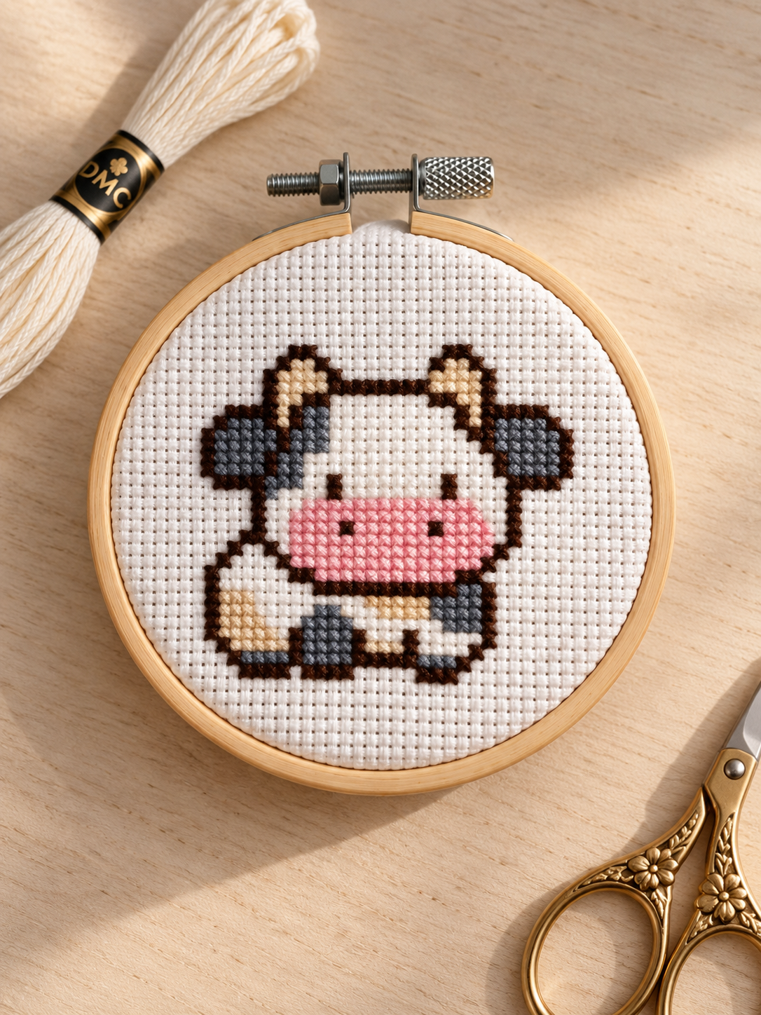 Millie the Cow cross-stitched on white fabric in a wooden hoop