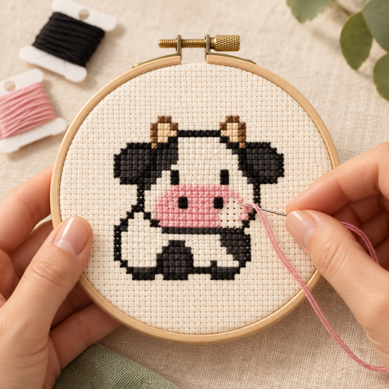 Hands cross-stitching Millie in a wooden hoop