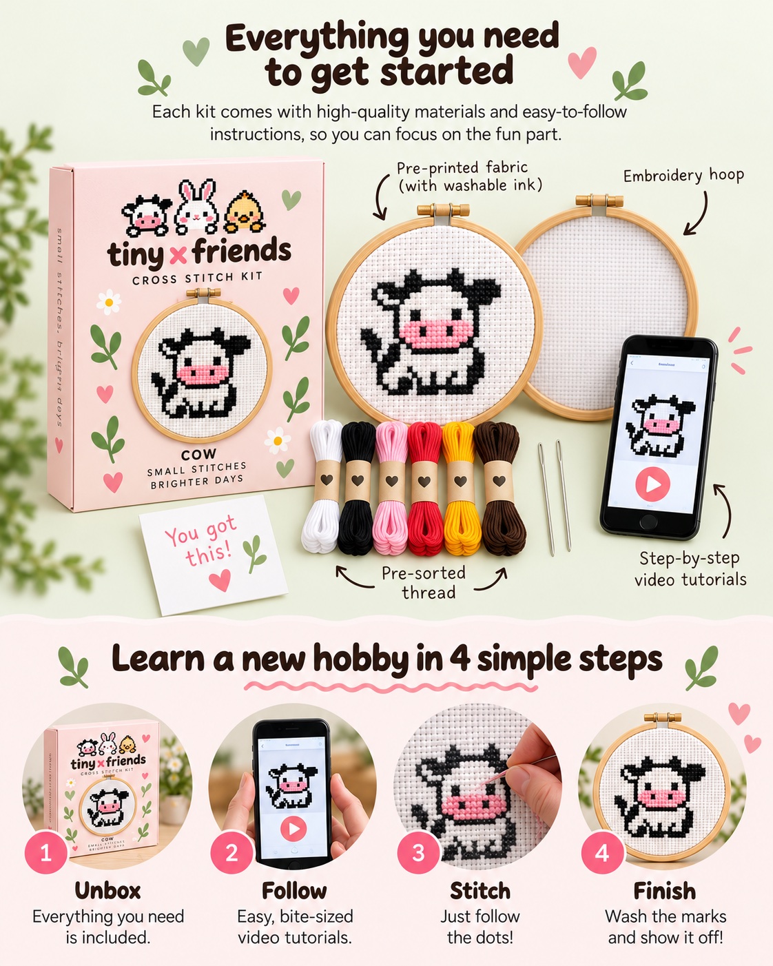 Everything included in a tinyxfriends kit: a Farm Friends bunny kit box, pre-printed fabric with washable ink, embroidery hoop, pre-sorted thread, needle and step-by-step video tutorials