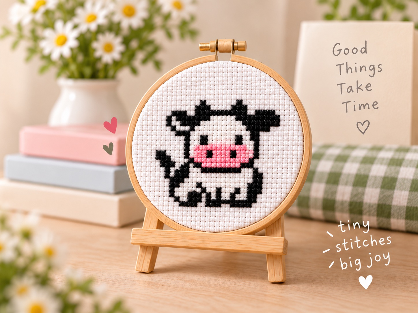 Cross stitch bunny in an embroidery hoop on a wooden easel